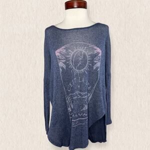 Hollister Sheer Knit Oversized Sweater XS/S Navy Blue Boho Moon Graphic Coastal